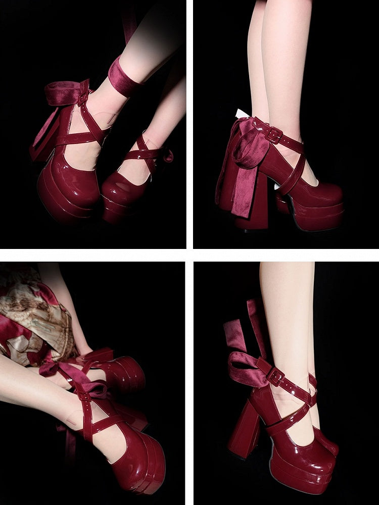 Block High Red in Buckle Elegant Heel Mary Double Janes Design Interchangeable Ribbons System Lolita Platform