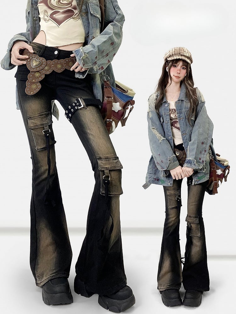 ダメージ加工のフレアブラックジーンズデザインシルエットビタースウィート