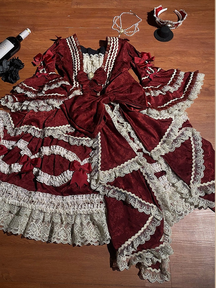 Elegant Classic Wine Red Lolita Dress with Bell Sleeves, Lace & Layered Ruffles - Strawberry Cocoa Lolita
