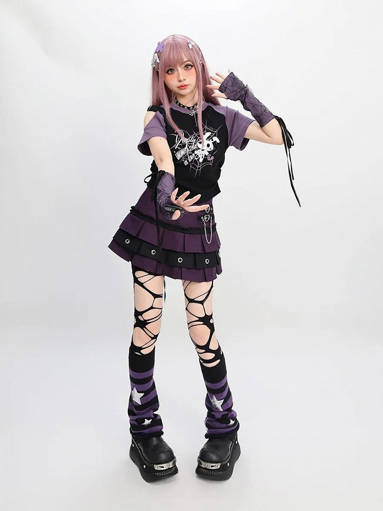 Schnallen Stufenrock Y2K Rot/Pink/Lila Herz Kellerfalte Gefüttert