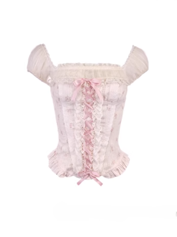 Pink Ruffled With Puff Floral Hem Top Two-Piece Corset Sleeves Faux Peplum