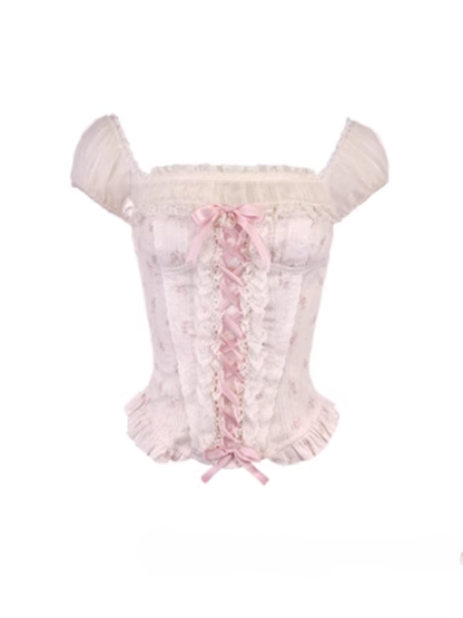 Pink Ruffled With Puff Floral Hem Top Two-Piece Corset Sleeves Faux Peplum