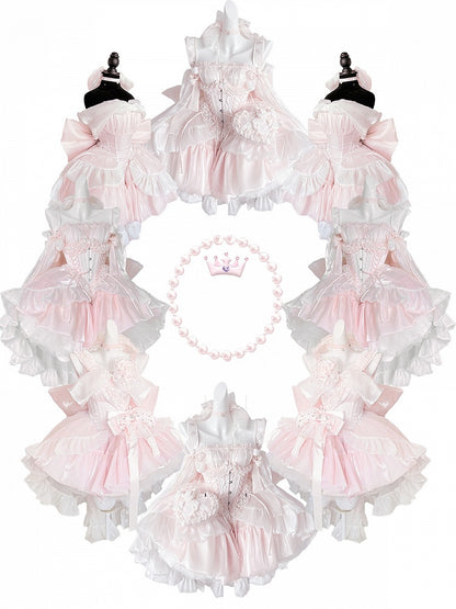 Hime trägerloses Lolita-Kleid mit großer Taille und Schleife, Ausschnitt, süßes Korsett, Rosa