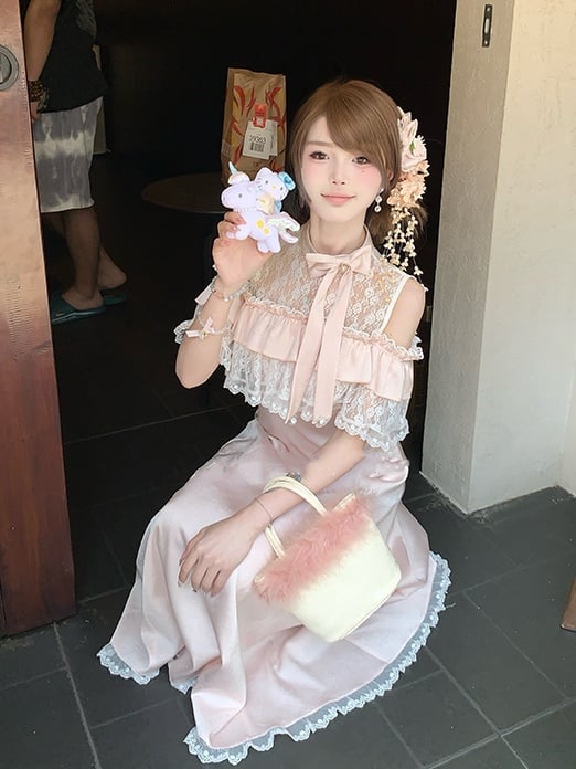 Pink Dress Illusion Neckline Off-Shoulder Kei Jirai Elegant Maxi with