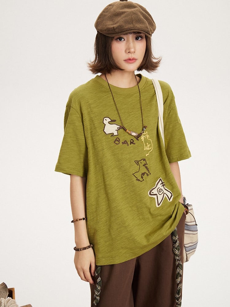 Decoration Patch T-shirt Animal Green Kawaii with Embroidery