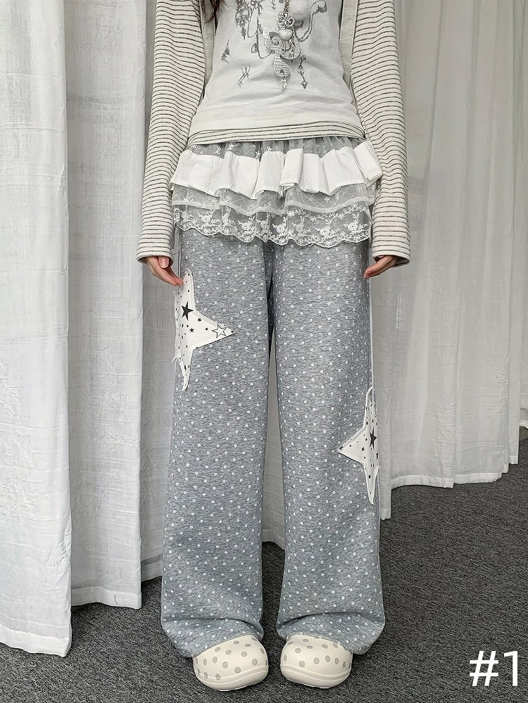 Lace-trimmed Pants Accessory  Polka-dot Grey Star Straight-leg Patchwork with