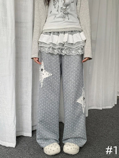 Lace-trimmed Pants Accessory  Polka-dot Grey Star Straight-leg Patchwork with