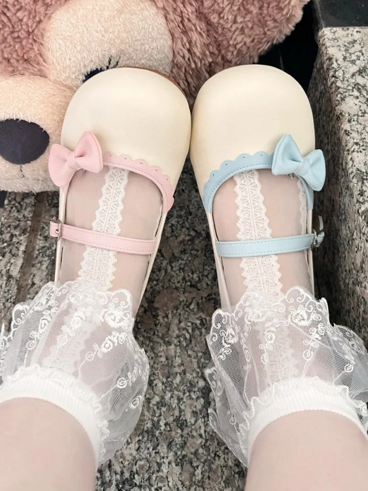 Beige Bow Sweet Flat Blue PU Accents Pink Mismatched Shoes