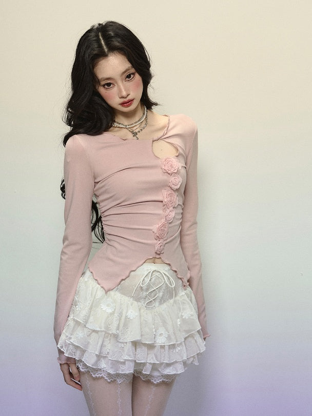 Gestricktes Detail Halsausschnitt Blumen verziert Cutout Top Rosa Rund Glamorous