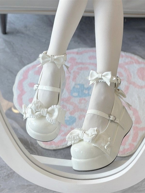 Accents with Shoes White Sweet Style PU Lolita Leather Bow Platform Round-Toe