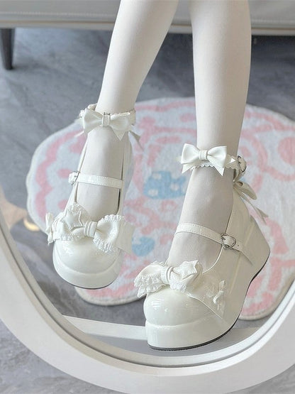 Accents with Shoes White Sweet Style PU Lolita Leather Bow Platform Round-Toe