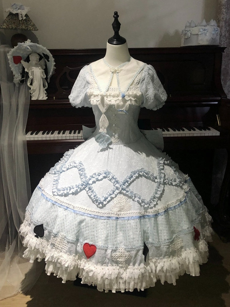 Blue-White Heart-Print OP Dress with Ruffle Lace Accents - Starry Mist Rose