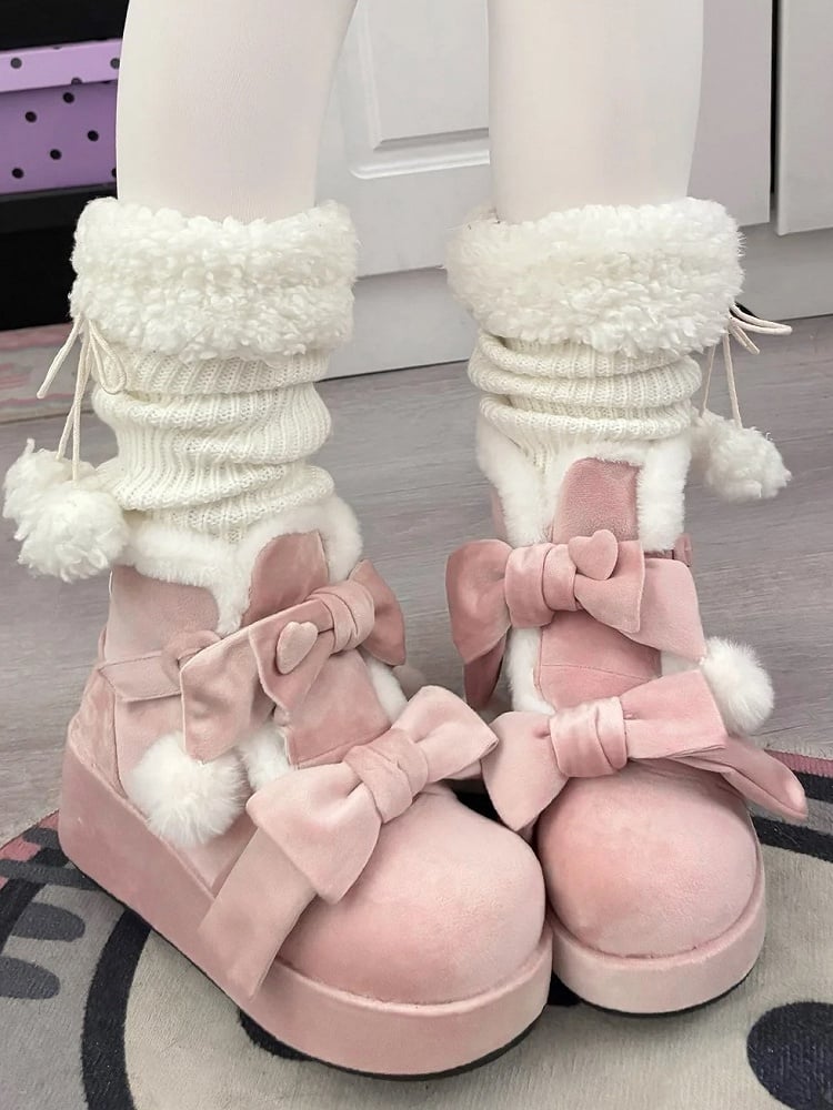 - Lolita Sweet Platform Boots Pompon Winter Charm Pink