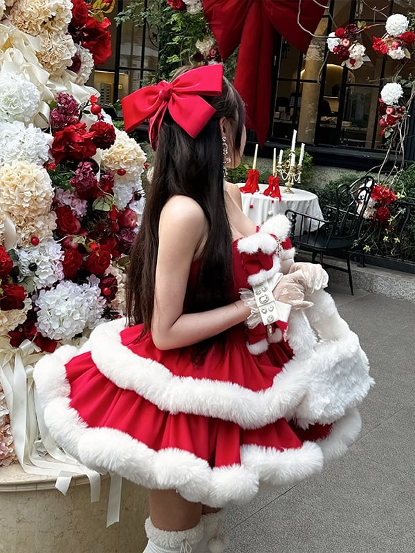 Red Christmas Snowflake Bows Decorated Bodice Winter Plush Trimming Strapless Dress