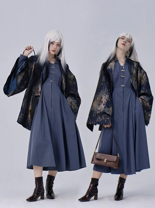 Vent Golden Button Back Unisex Cuffs Chinese Blazer Snap Single Design Style - Navy Blue