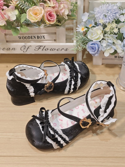 Bow Janes Romantic Low-heel Mary Black Heart PU Fastener Knot with in