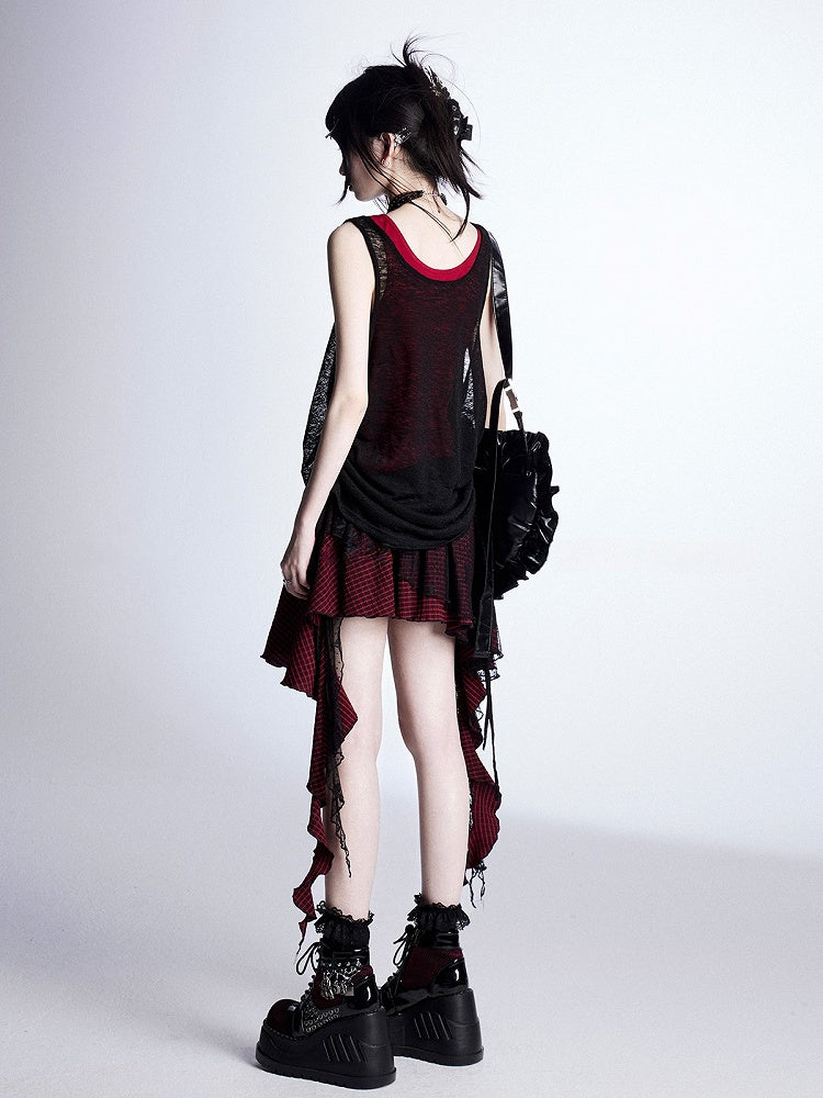 Tank Cross Black Print Red Adjustable with Drawstrings Top Semi-Sheer