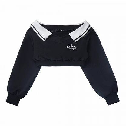 Punk Techwear Schwarzes futuristisches Cropped-Sweatshirt mit V-Ausschnitt Wasteland