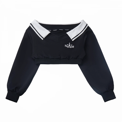 Wasteland Black V-Neck Futuristic Techwear Cropped Sweatshirt Punk