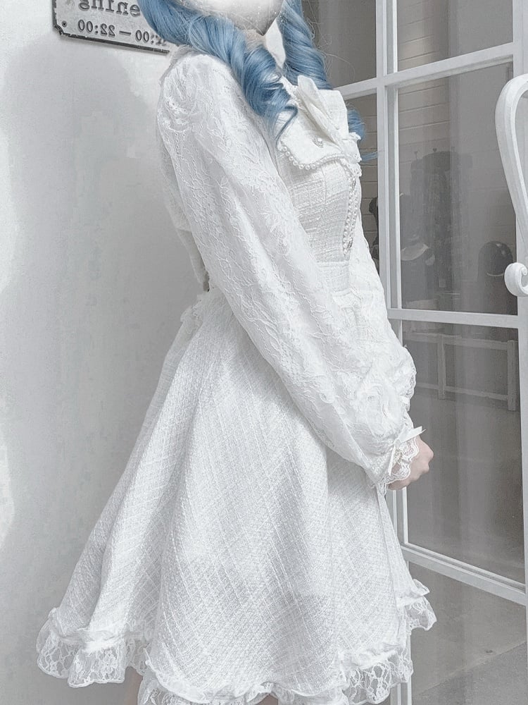 with Long Jirai Dress Kei Tweed Lace Sleeves White