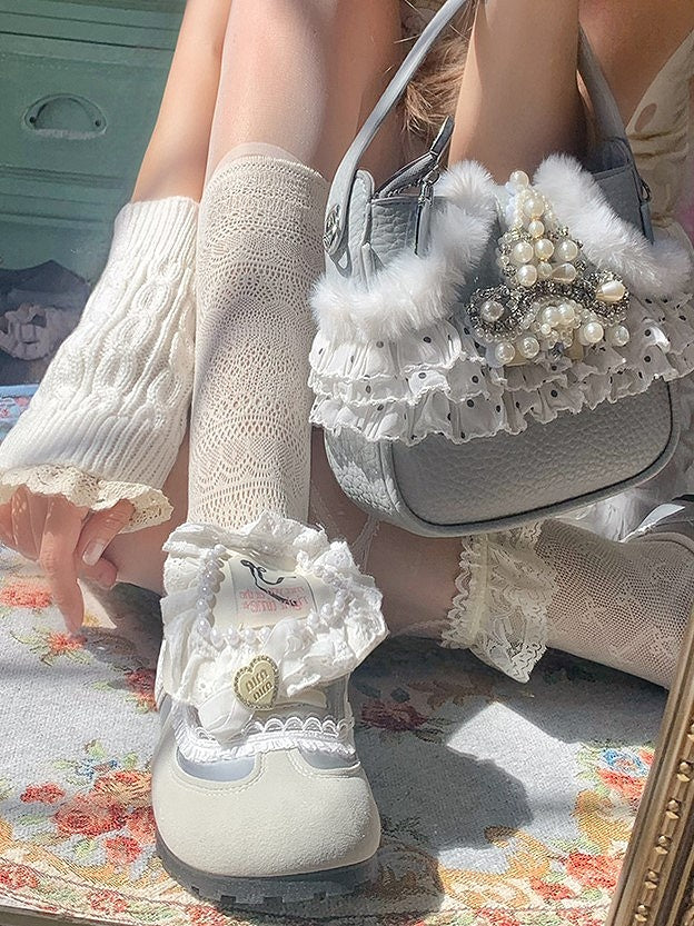 Style with Kawaii Flat Silver Trim Lace White Sneakers