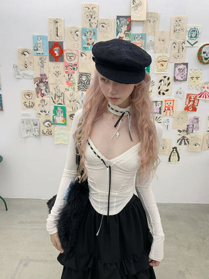 Black Ruffle with Tiered Trim - Length Skirt Knee