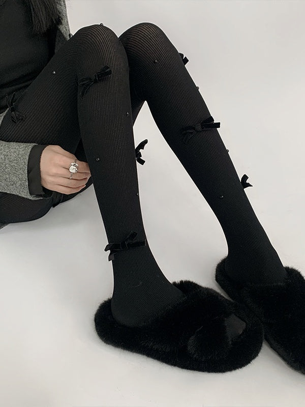 Knitted White/Pink Tights Decorated Cream White/Black Bowknot Bead