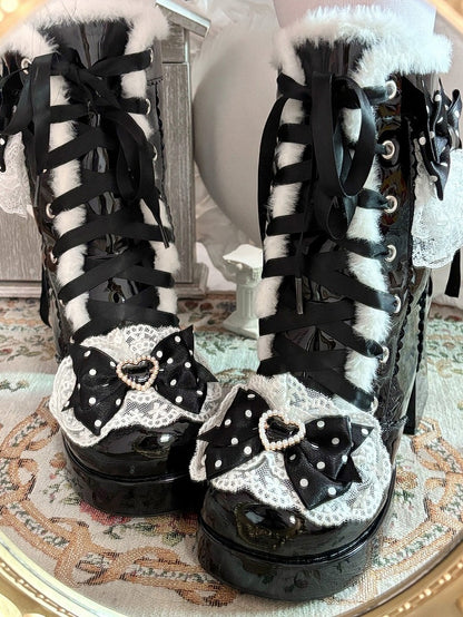 8CM High Heel Winter Boots in Black Plush with Heart Detail & Polka-Dot Bow - Witch's Night