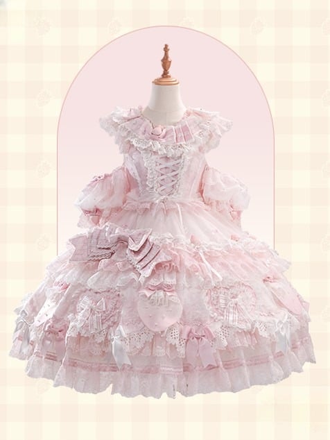 Layered with Lolita Bow Accents Sweet Dress and Ruffles Pink Lace