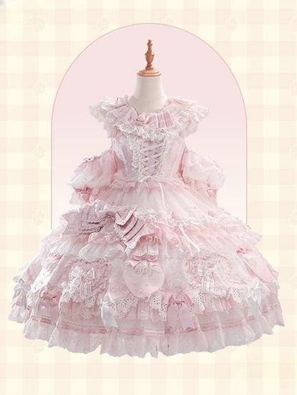 Layered with Lolita Bow Accents Sweet Dress and Ruffles Pink Lace