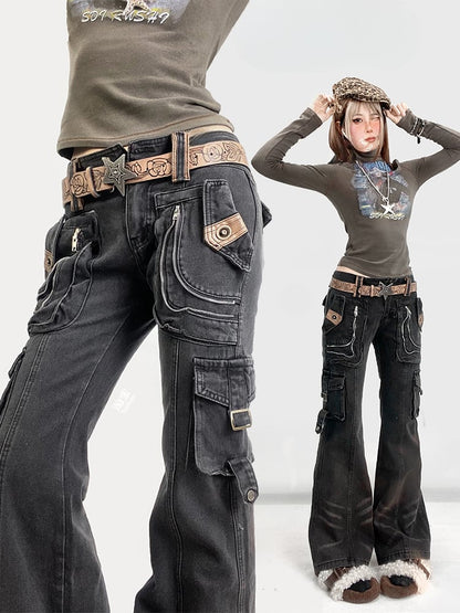 Black Wasteland Punk Distressed Flared Jeans with Cargo Pockets