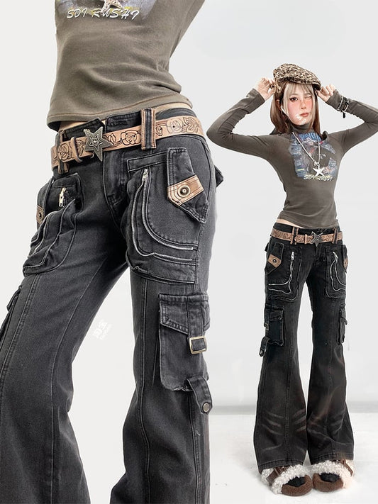 Schwarze Wasteland Punk Distressed Schlagjeans mit Cargotaschen