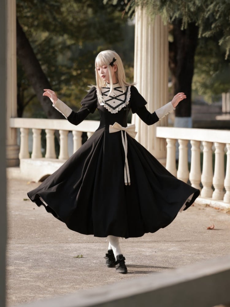 Schwarzes elegantes Juliette-Ärmelkleid Nonne Lolita Langarm Einteiler