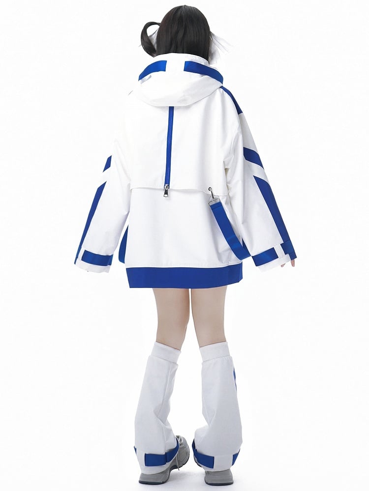 Blue and White Jirai Kei  Techwear Straps Design Hooded Windbreaker Jacket