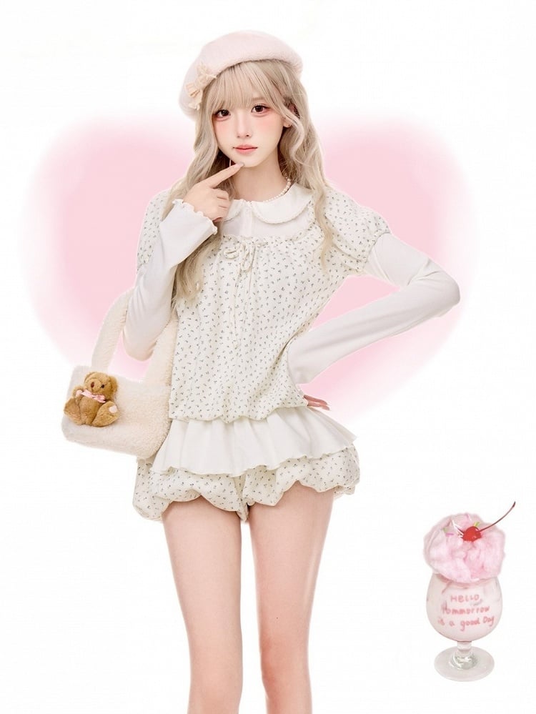 Kawaii White Floral Bubble Shorts for Everyday - serendipity