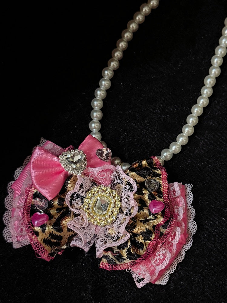 Rhinestone Pink Bowknot Leopard Beaded Necklace Pendant Decorated Heart Pattern