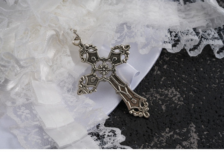 White Gothic Cross Lace Bow Ruffle Hem Hat Hairclip