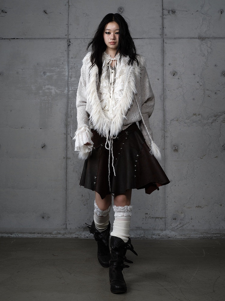 Trim Light Punk Cardigan Wing Faux Grey Fur Print Y2K Batwing with Sleeve