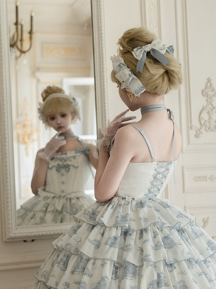 Blue & White Floral Print Lolita JSK with Bow Embellishments - CEL
