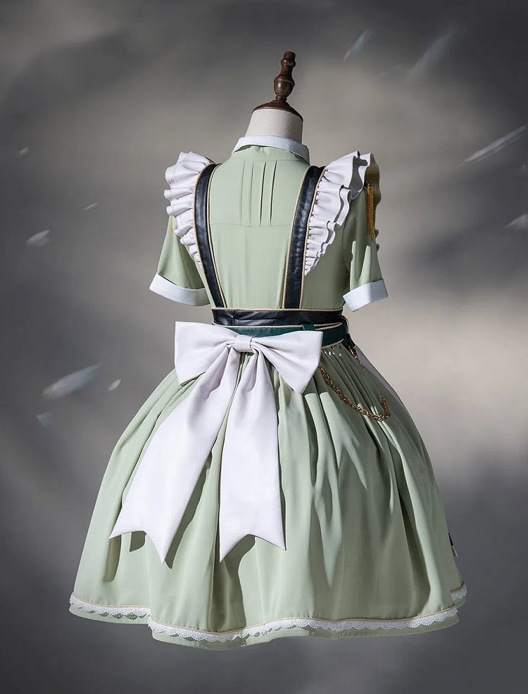 Flatter-Militär und Set, kurze Schürze, grünes Kleid, volle Dienstmädchen-Hülsen, leichte Lolita-Ärmel