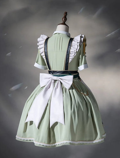 Flatter-Militär und Set, kurze Schürze, grünes Kleid, volle Dienstmädchen-Hülsen, leichte Lolita-Ärmel