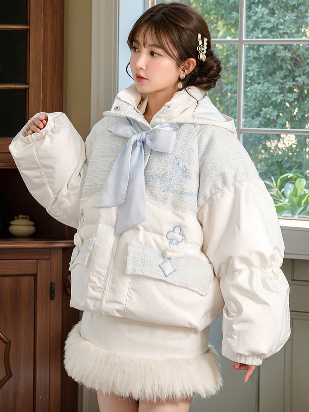 Alice in Wonderland Alice Tweed Patchwork White Hooded Down Jacket