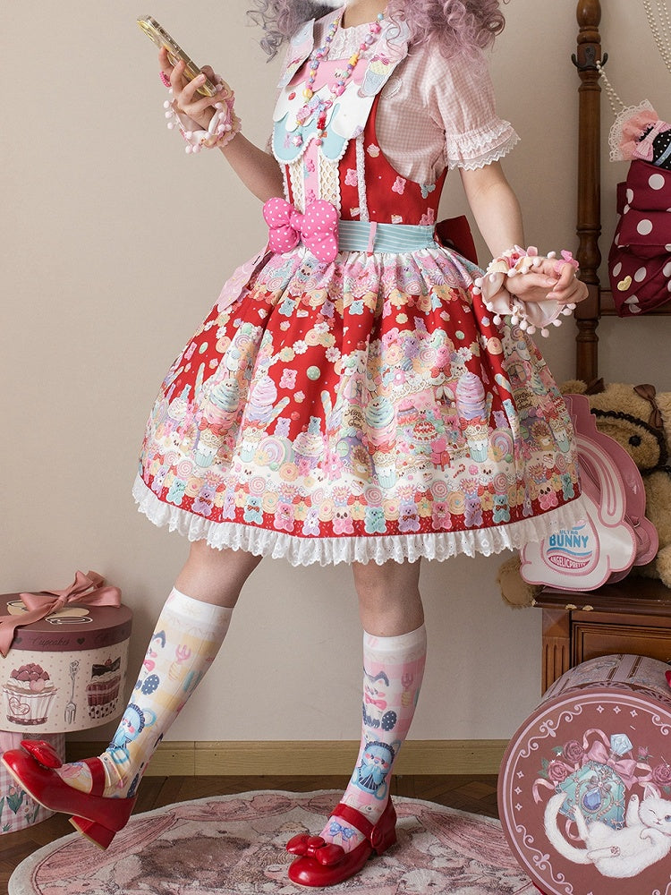 オーバーオールスイートデザートレッドグミプリントとクマのロリータドレス