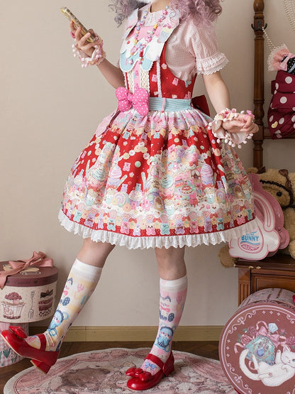 オーバーオールスイートデザートレッドグミプリントとクマのロリータドレス