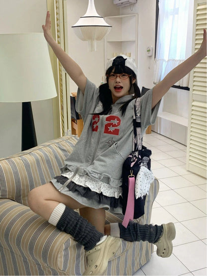 Tiered Hem with Dress Hoodie Number Ruffle Zip-Up Print Gray