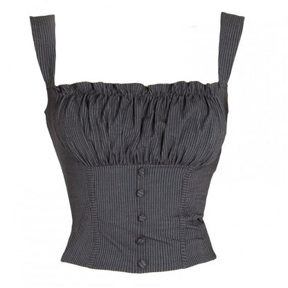 Dunkelgraues, kurzes, ärmelloses Top mit gerüschtem, quadratischem Ausschnitt und Streifenmuster