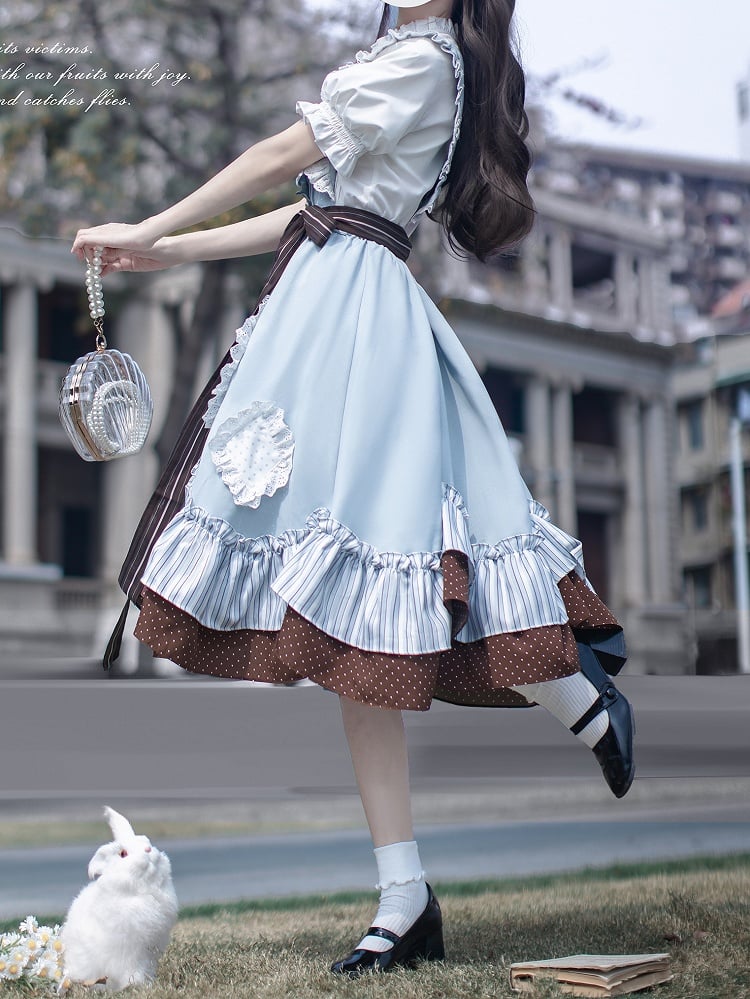 Puff Sleeves Blouse with White Pleating Details Neckline Ruffle