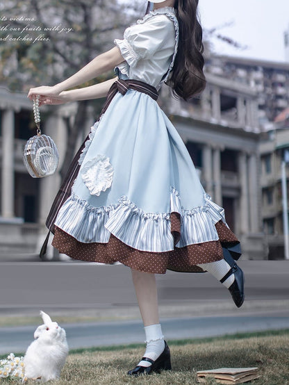 Puff Sleeves Blouse with White Pleating Details Neckline Ruffle