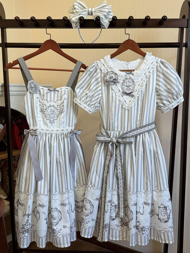 Antique Porcelain Print and Embroidery Classic Lolita JSK Dress with Blue and Gray Striped Pattern - Birds Diary