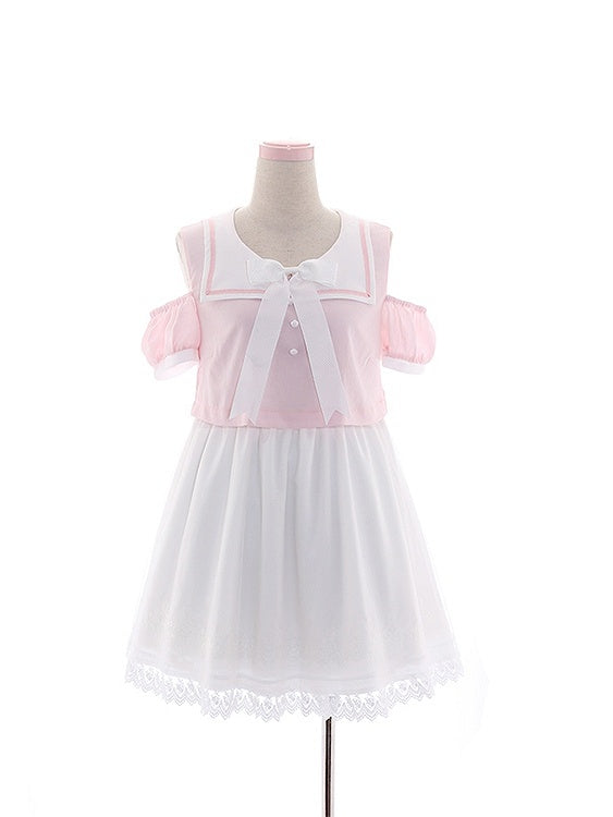Kragen Rosa/Blau Hasenohren und Schwanzdetail Matrosen-Chiffon-Rückseite